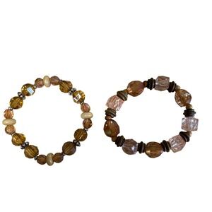 Set of 2 Amber color  and Peach Beaded Stretch Bracelets Boho  Glass Boho